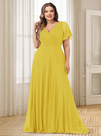 A-Line/Princess V-Neck Floor-Length Ruffles Plus Size Bridesmaid Dresses