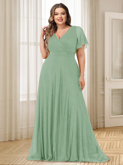 A-Line/Princess V-Neck Floor-Length Ruffles Plus Size Bridesmaid Dresses