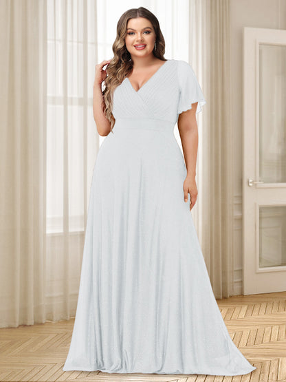 A-Line/Princess V-Neck Floor-Length Ruffles Plus Size Bridesmaid Dresses