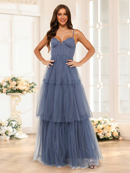 A-Line/Princess Spaghetti Straps Floor-Length Tulle Bridesmaid Dresses