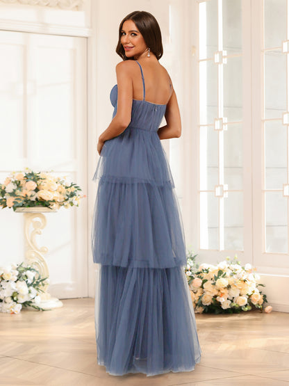 A-Line/Princess Spaghetti Straps Floor-Length Tulle Bridesmaid Dresses