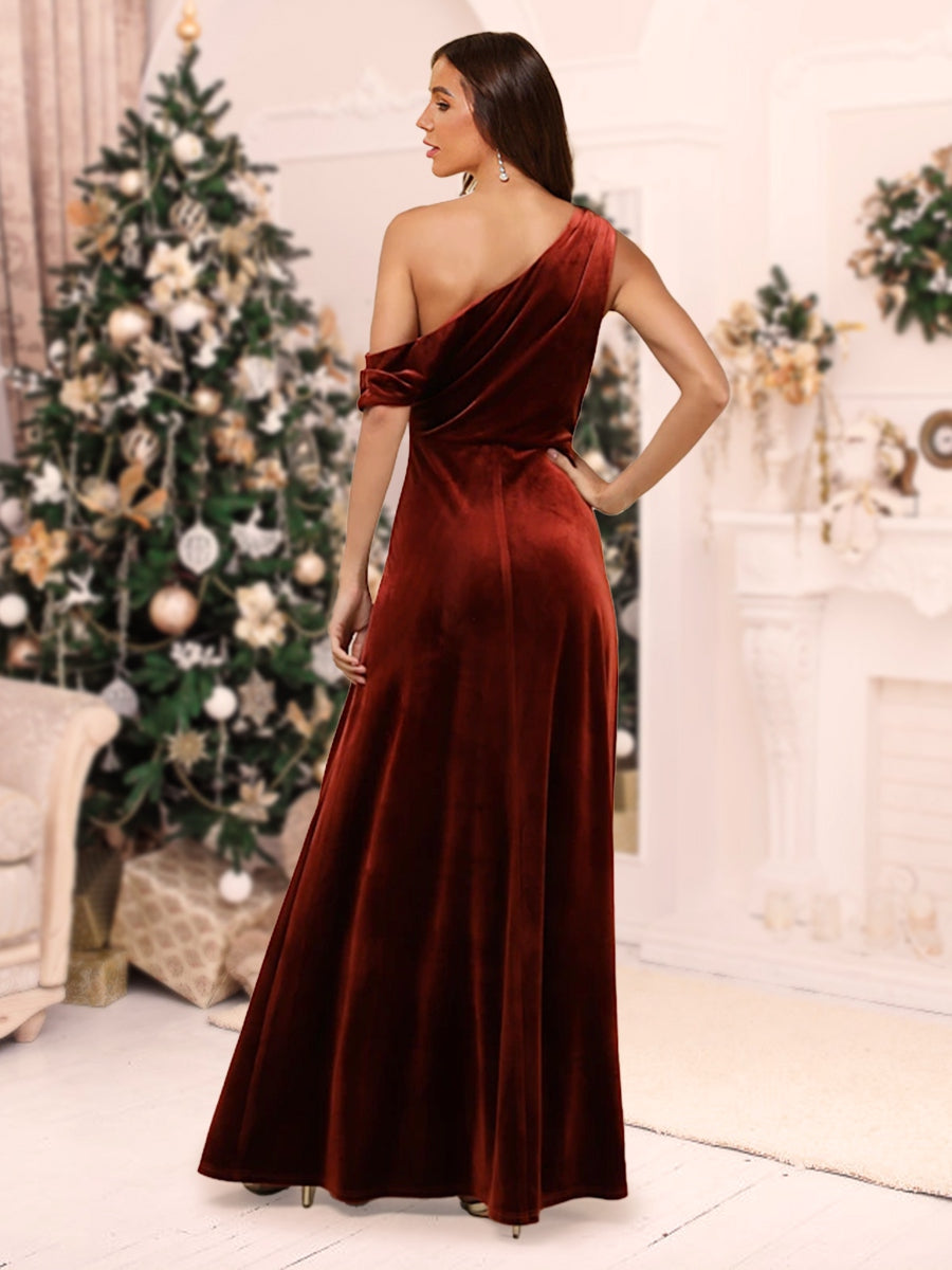 A-Line/Princess One-Shoulder Floor-Length Christmas Dresses With Split Side