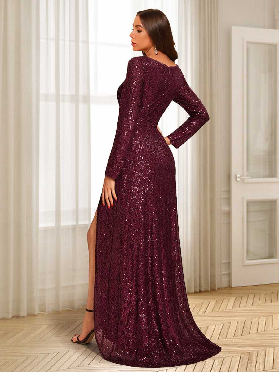 Sheath/Column V-Neck Floor-Length Evening Dresses With Split Side