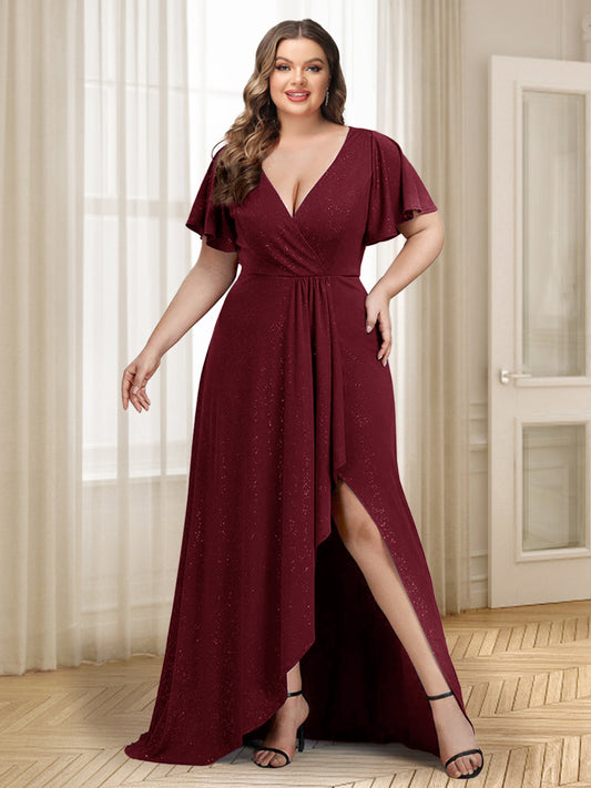 A-Line/Princess V-Neck Floor-Length Plus Size Evening Dresses With Split Side