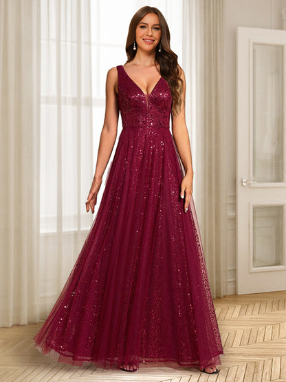 A-Line/Princess V-Neck Floor-Length Evening Dresses With Ruffles