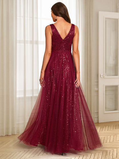 A-Line/Princess V-Neck Floor-Length Evening Dresses With Ruffles