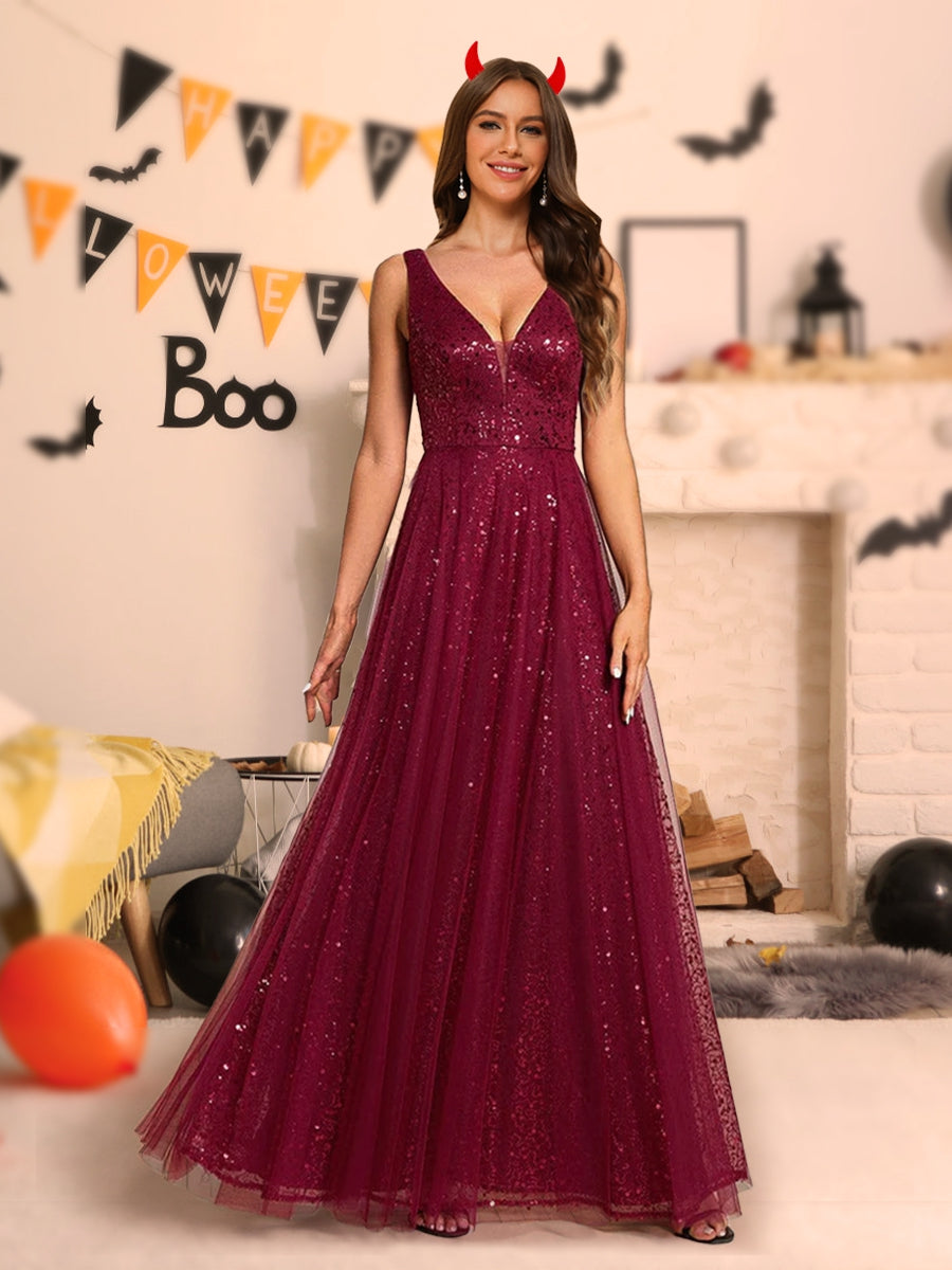 A-Line/Princess V-Neck Floor-Length Halloween Dresses With Ruffles