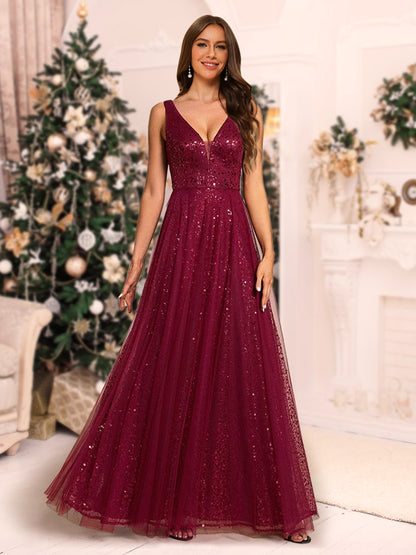 A-Line/Princess V-Neck Floor-Length Christmas Dresses With Ruffles