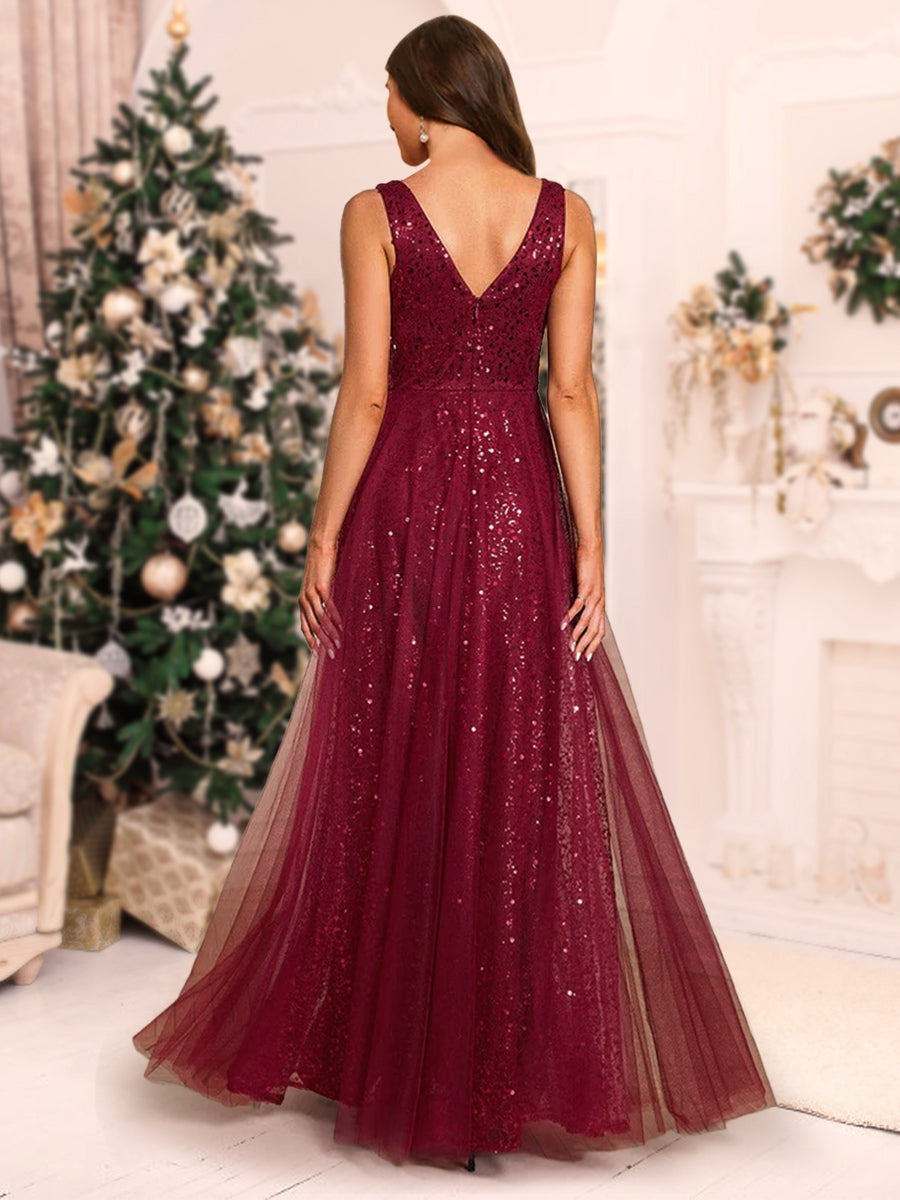 A-Line/Princess V-Neck Floor-Length Christmas Dresses With Ruffles