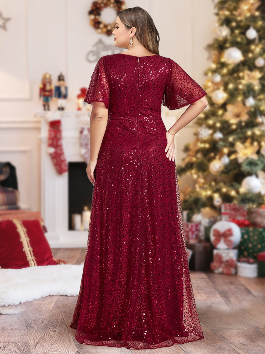 A-Line/Princess V-Neck Sequins Plus Size Christmas Dresses