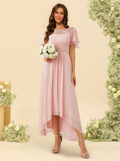 A-Line/Princess Scoop Asymmetrical Bridesmaid Dresses With Ruffles