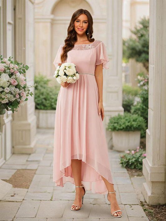 A-Line/Princess Scoop Asymmetrical Bridesmaid Dresses With Ruffles