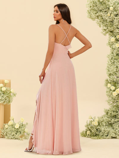 A-Line/Princess Spaghetti Straps Split Side Bridesmaid Dresses With Ruffles