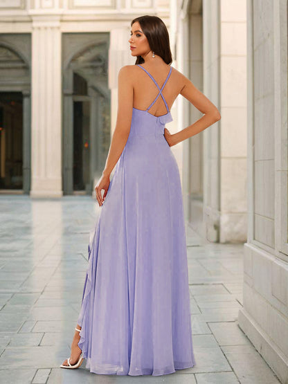 A-Line/Princess Spaghetti Straps Split Side Bridesmaid Dresses With Ruffles