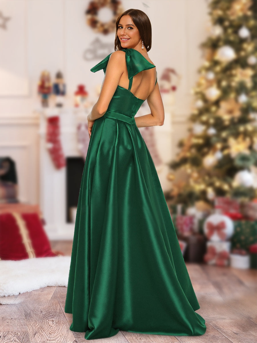 A-Line/Princess One-Shoulder Floor-Length Christmas Dresses With Split Side