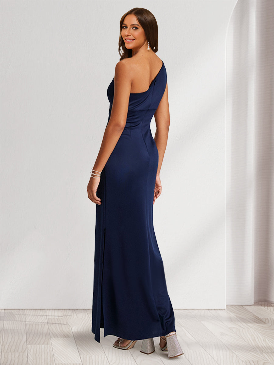 Sheath/Column One-Shoulder Floor-Length Ruched Evening Dresses