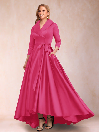 A-Line/Princess 3/4 Sleeves Asymmetrical V-Neck Mother of the Bride Dresses