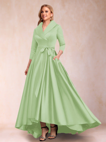 A-Line/Princess 3/4 Sleeves Asymmetrical V-Neck Mother of the Bride Dresses