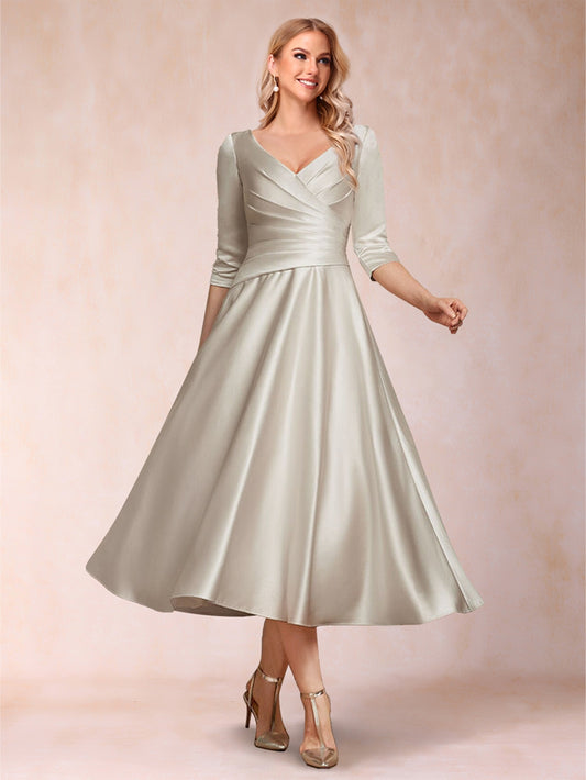 A-Line/Princess Tea-Length 3/4 Sleeves V-Neck Mother of the Bride Dresses