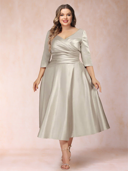 A-Line/Princess Tea-Length 3/4 Sleeves V-Neck Plus Size Mother of the Bride Dresses