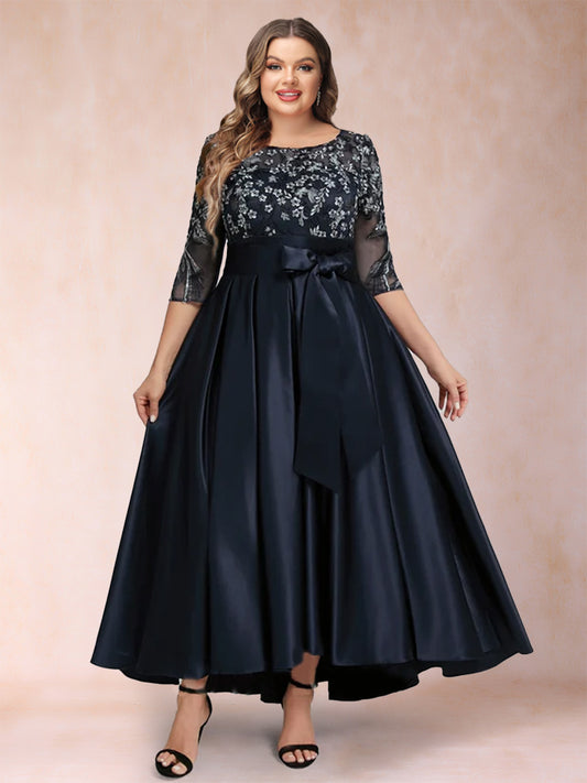 A-Line/Princess Asymmetrical 3/4 Sleeves Scoop Plus Size Mother of the Bride Dresses