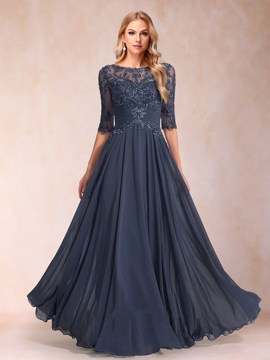 A-Line/Princess Floor-Length Half Sleeves Scoop Mother of the Bride Dresses