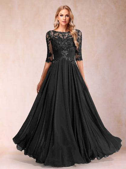 A-Line/Princess Floor-Length Half Sleeves Scoop Mother of the Bride Dresses