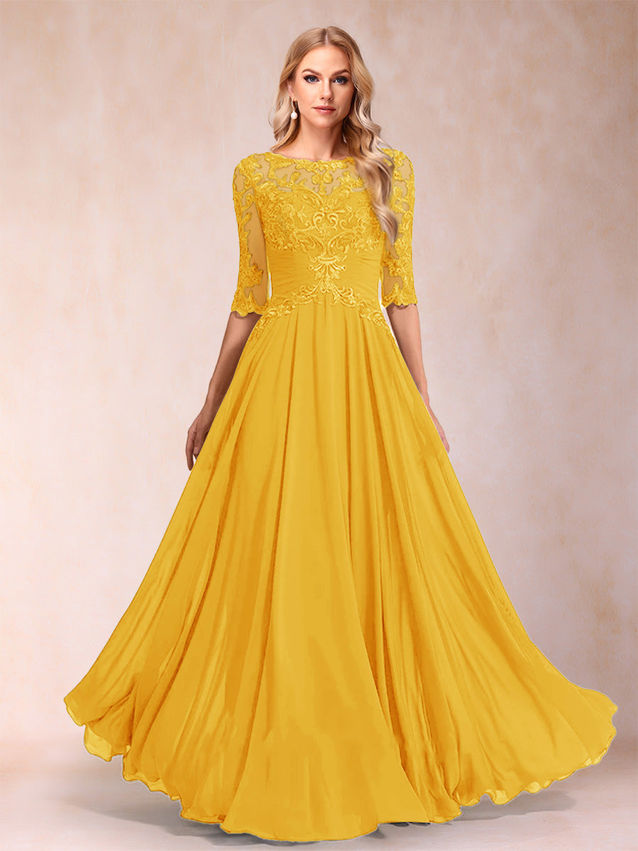 A-Line/Princess Floor-Length Half Sleeves Scoop Mother of the Bride Dresses