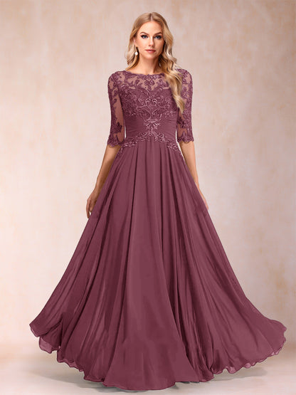 A-Line/Princess Floor-Length Half Sleeves Scoop Mother of the Bride Dresses