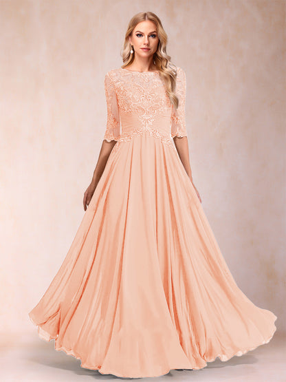 A-Line/Princess Floor-Length Half Sleeves Scoop Mother of the Bride Dresses