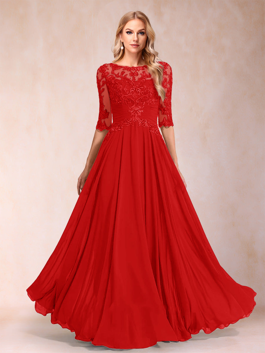 A-Line/Princess Floor-Length Half Sleeves Scoop Mother of the Bride Dresses