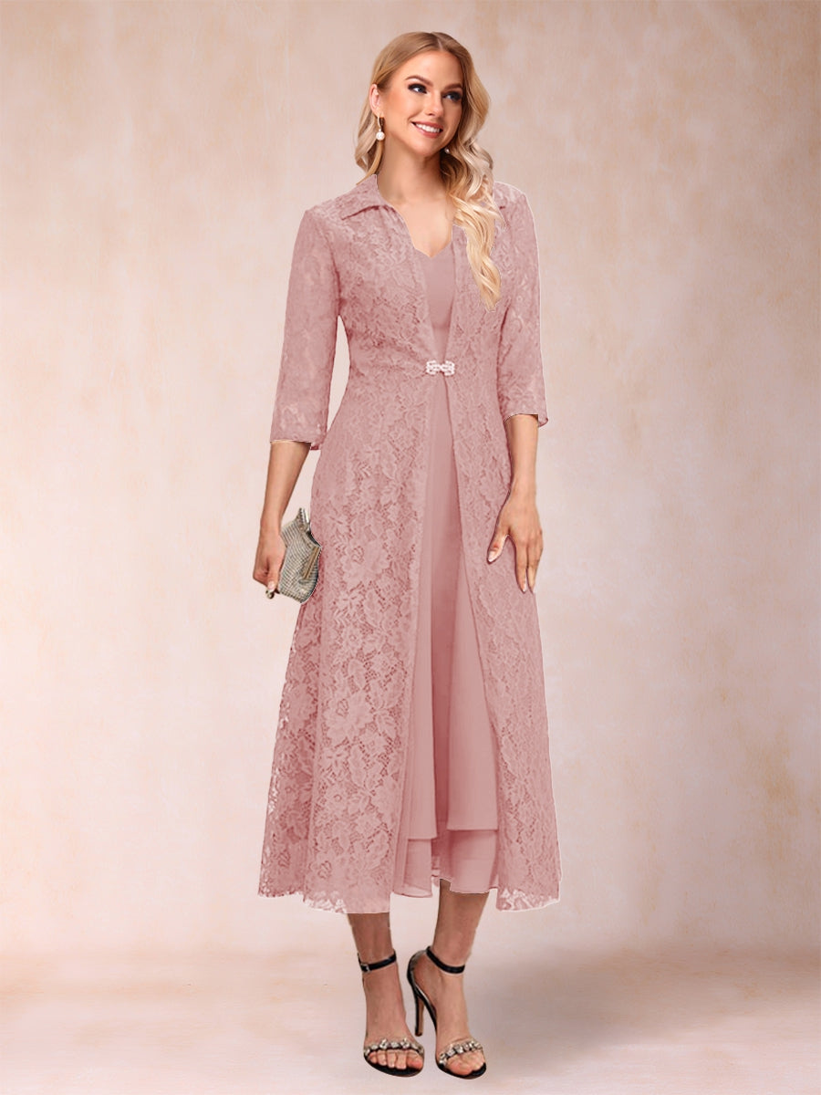 A-Line/Princess Tea-Length 3/4 Sleeves V-Neck Mother of the Bride Dresses