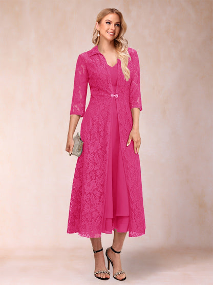 A-Line/Princess Tea-Length 3/4 Sleeves V-Neck Mother of the Bride Dresses