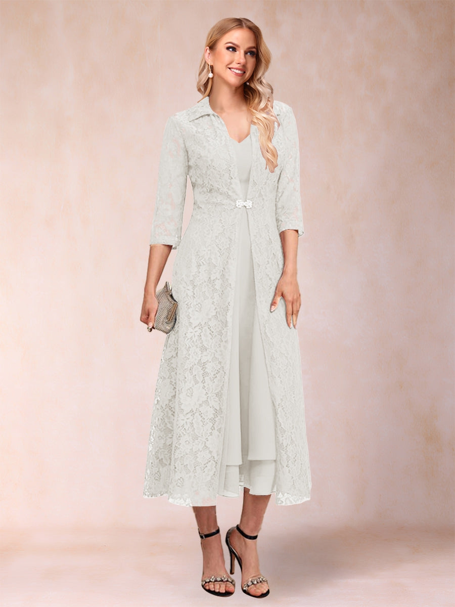 A-Line/Princess Tea-Length 3/4 Sleeves V-Neck Mother of the Bride Dresses