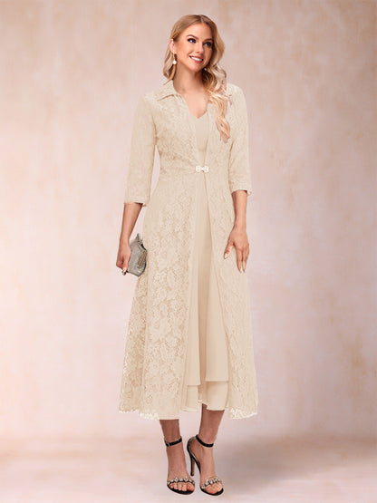 A-Line/Princess Tea-Length 3/4 Sleeves V-Neck Mother of the Bride Dresses