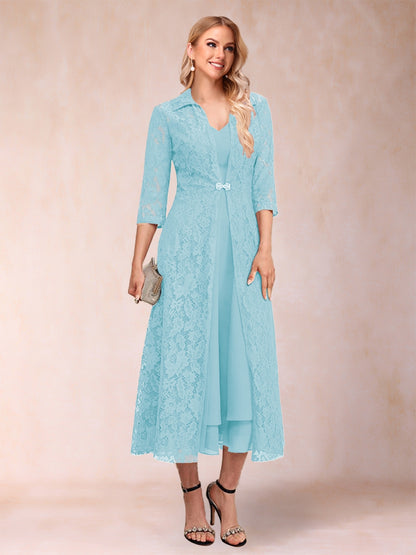 A-Line/Princess Tea-Length 3/4 Sleeves V-Neck Mother of the Bride Dresses