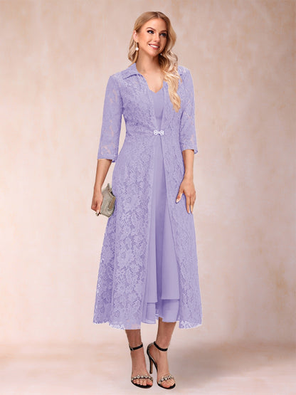 A-Line/Princess Tea-Length 3/4 Sleeves V-Neck Mother of the Bride Dresses