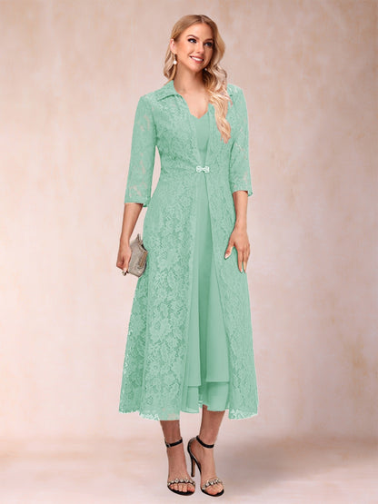 A-Line/Princess Tea-Length 3/4 Sleeves V-Neck Mother of the Bride Dresses