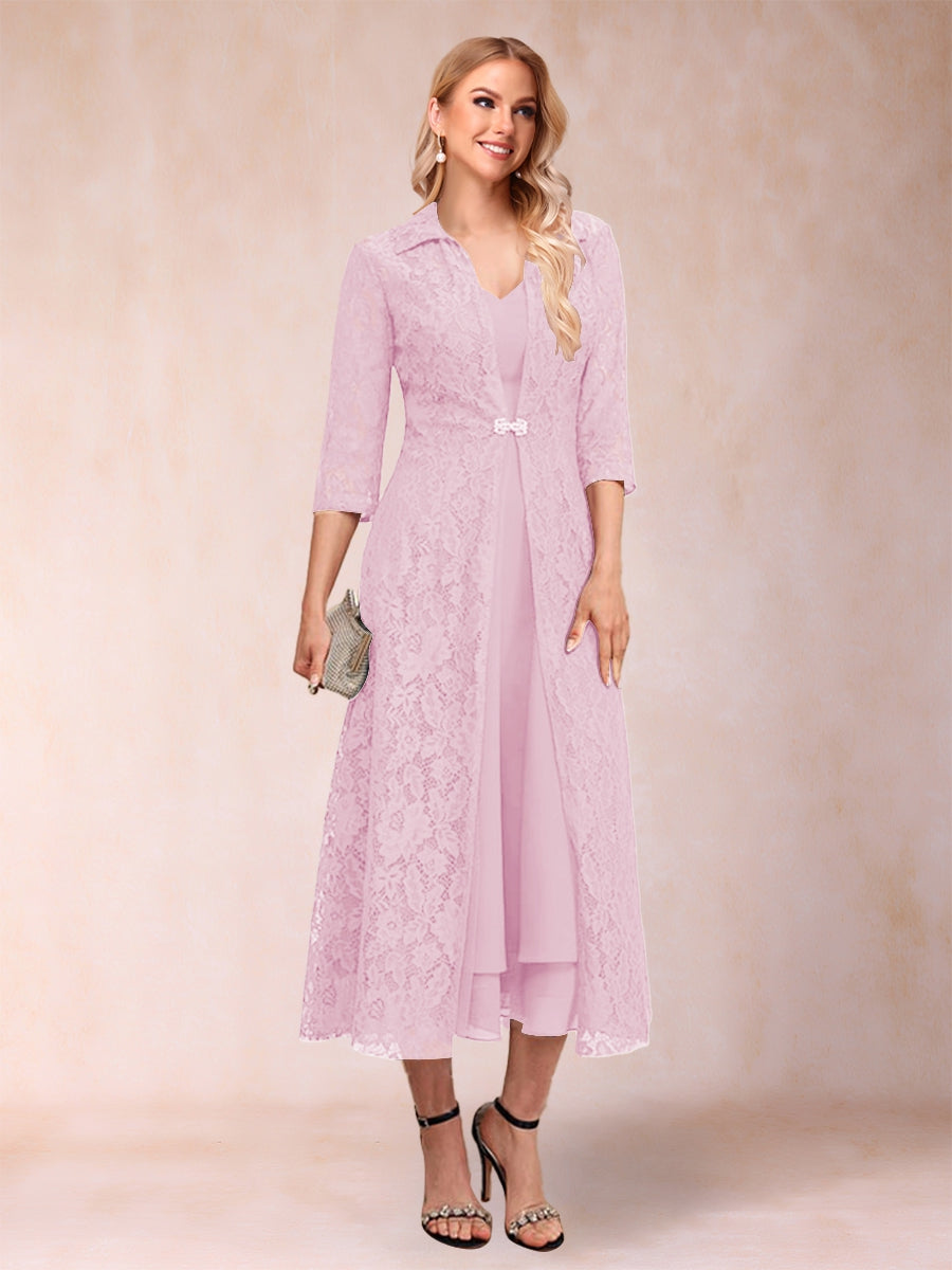 A-Line/Princess Tea-Length 3/4 Sleeves V-Neck Mother of the Bride Dresses