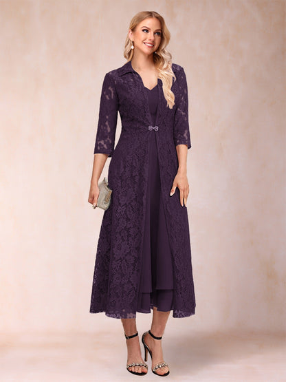 A-Line/Princess Tea-Length 3/4 Sleeves V-Neck Mother of the Bride Dresses