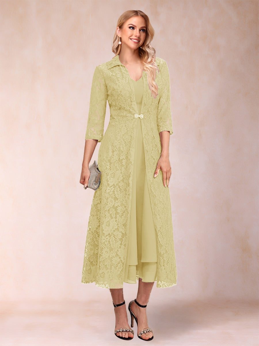 A-Line/Princess Tea-Length 3/4 Sleeves V-Neck Mother of the Bride Dresses