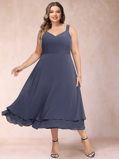 A-Line/Princess Tea-Length 3/4 Sleeves V-Neck Plus Size Mother of the Bride Dresses