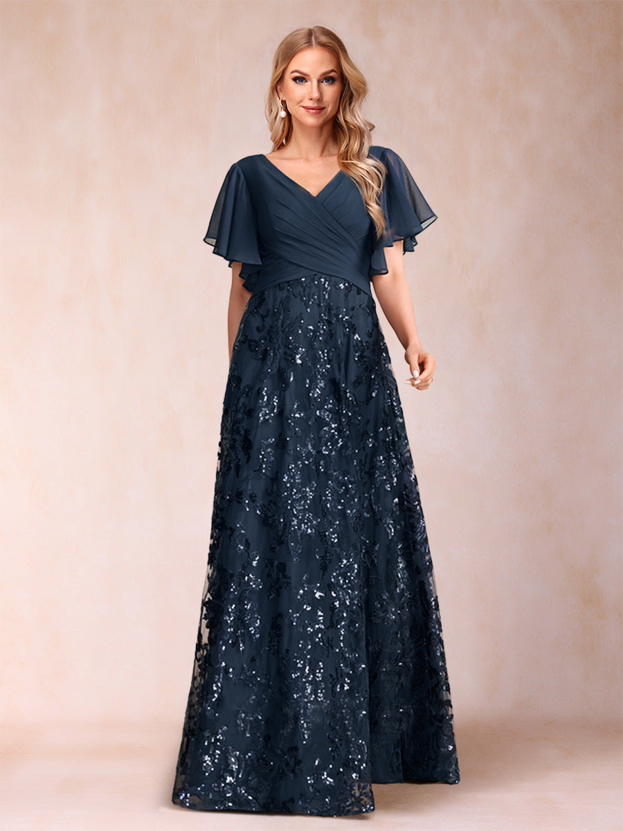 A-Line/Princess Floor-Length Short Sleeves V-Neck Mother of the Bride Dresses