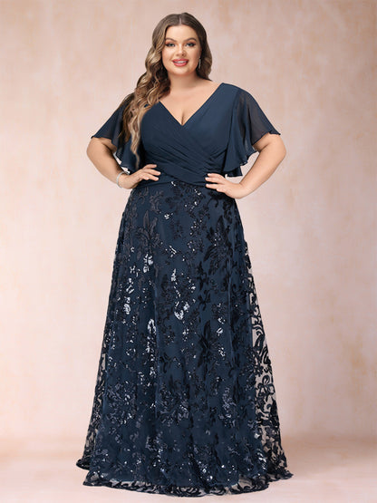 A-Line/Princess Floor-Length Short Sleeves V-Neck Plus Size Mother of the Bride Dresses