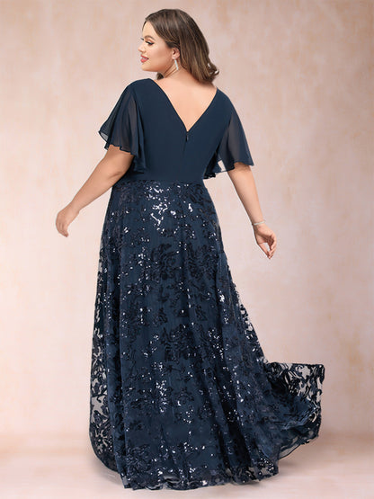 A-Line/Princess Floor-Length Short Sleeves V-Neck Plus Size Mother of the Bride Dresses