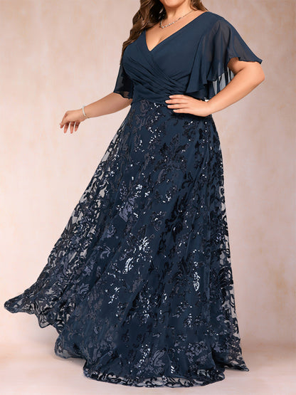 A-Line/Princess Floor-Length Short Sleeves V-Neck Plus Size Mother of the Bride Dresses