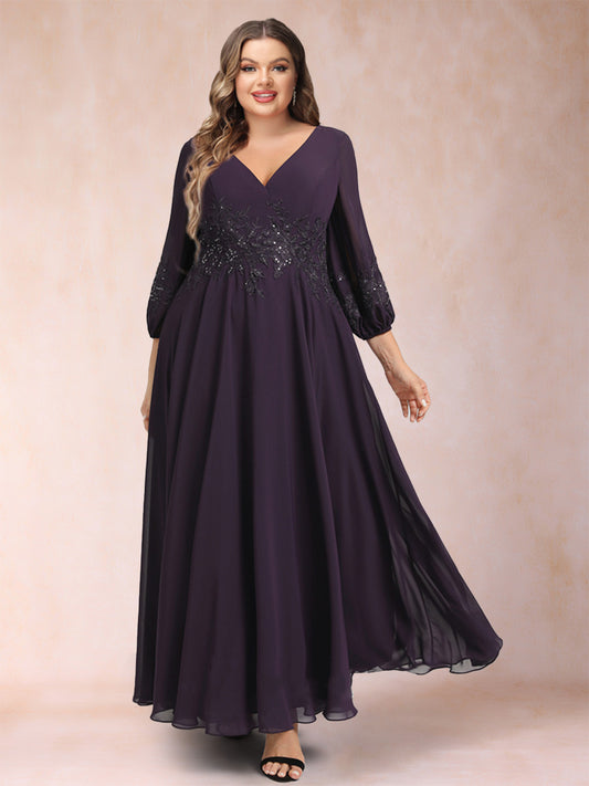 A-Line/Princess Ankle-Length 3/4 Sleeves V-Neck Plus Size Mother of the Bride Dresses