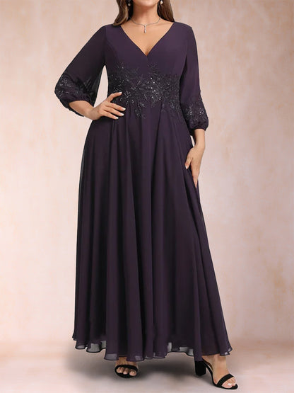 A-Line/Princess Ankle-Length 3/4 Sleeves V-Neck Plus Size Mother of the Bride Dresses