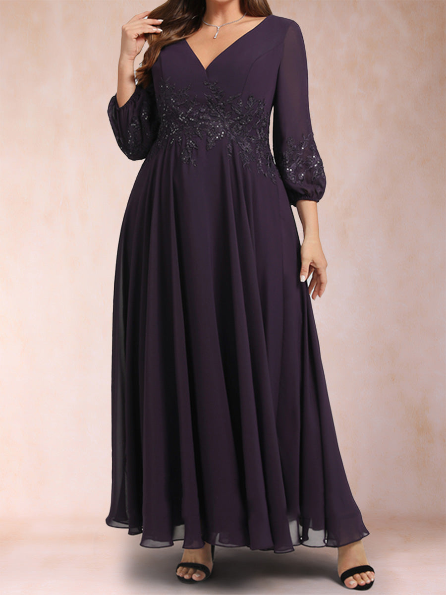 A-Line/Princess Ankle-Length 3/4 Sleeves V-Neck Plus Size Mother of the Bride Dresses