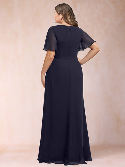 A-Line/Princess Floor-Length Short Sleeves V-Neck Plus Size Mother of the Bride Dresses